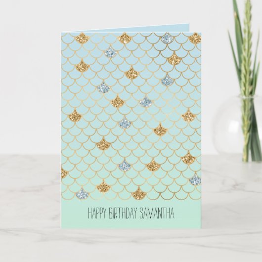 Carte Glitzy Mermaid Blue Green Gold Sparkle (Devant)