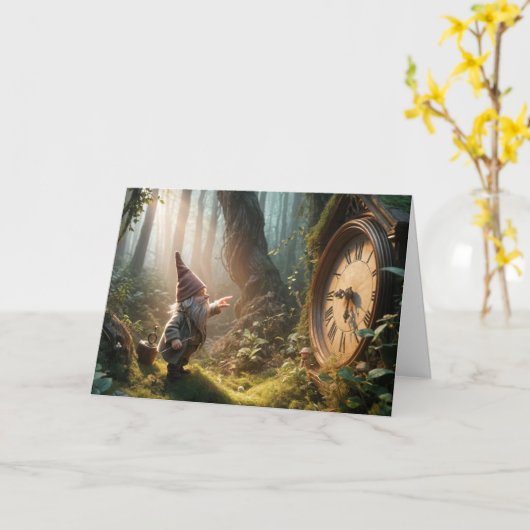 Carte Gnome Anniversaire Avec Ancienne Horloge (Fleur jaune)