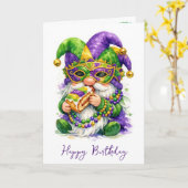 Carte Gnome de Mardi Gras d'anniversaire mangeant une ga (Fleur jaune)