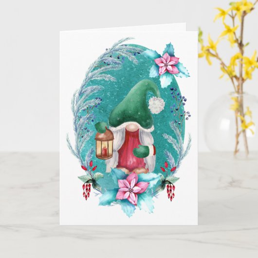 Carte Gnome de Noël avec lanterne (Fleur jaune)
