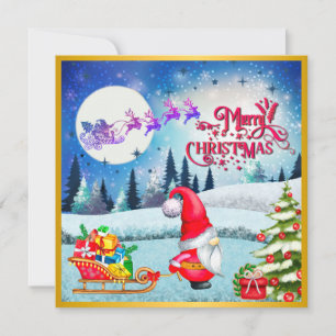 Carte Gnome de Noël enneigé et cadeaux du traîneau du Pè