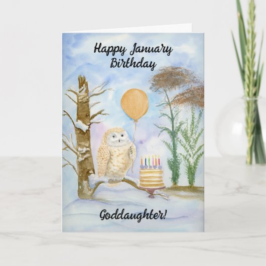 Carte Goddaughter Happy January Birthday Owl Cake (Devant)