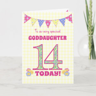 Carte Godgirl 14th Birthday Primroses Bunting Card