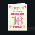 Carte Godgirl 16th Birthday Primroses Bunting Card<br><div class="desc">Une jolie carte d'anniversaire du 16ème anniversaire pour votre fillette, avec un bouquet de pois, des fleurs de primrose et des nombres remplis d'un motif de primrose, le tout sur un chèque jaune pâle en vichy arrière - plan. Le message de couverture avant est : "À un GODDAUGHTER 16 AUJOURD'HUI...</div>