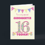 Carte Godgirl 16th Birthday Primroses Bunting Card<br><div class="desc">Une jolie carte d'anniversaire du 16ème anniversaire pour votre fillette, avec un bouquet de pois, des fleurs de primrose et des nombres remplis d'un motif de primrose, le tout sur un chèque jaune pâle en vichy arrière - plan. Le message de couverture avant est : "À un GODDAUGHTER 16 AUJOURD'HUI...</div>