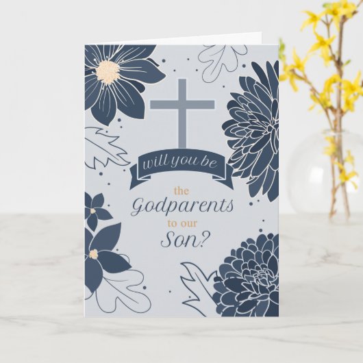 Carte Godparent Request for Son Bold Navy Blue Botanical (Fleur jaune)
