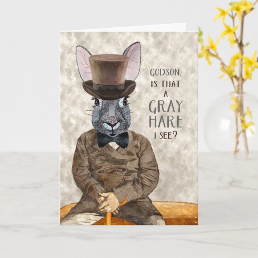 Carte Godson Funny Anniversaire Hipster Rabbit Gris Lièv (Fleur jaune)