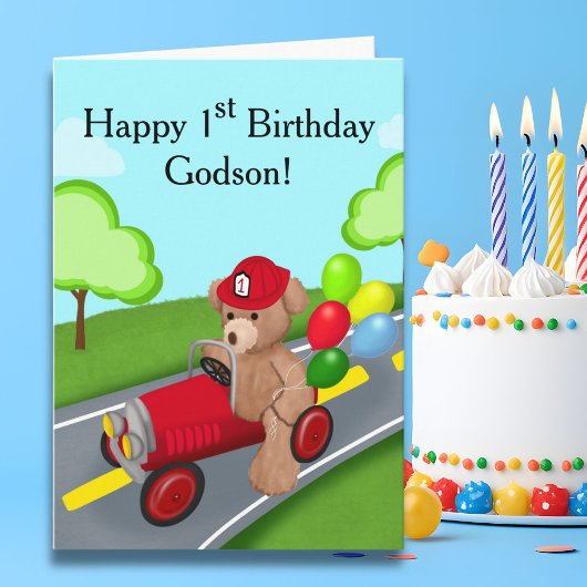 Carte Godson Happy 1er Anniversaire Teddy Bear Firetruck