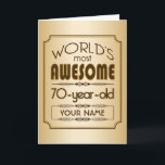 Carte Gold 70th Anniversaire Célébration Monde meilleur<br><div class="desc">Célébrez l'anniversaire marquant de votre personne âgée préférée avec ce cadeau classe qui leur rappelle à quel point ils sont fabuleux. Des lignes épurées et des tons bruns,  or et crème composent ce design simple mais élégant que vous pouvez customiser avec des noms,  initiales ou autre texte.</div>