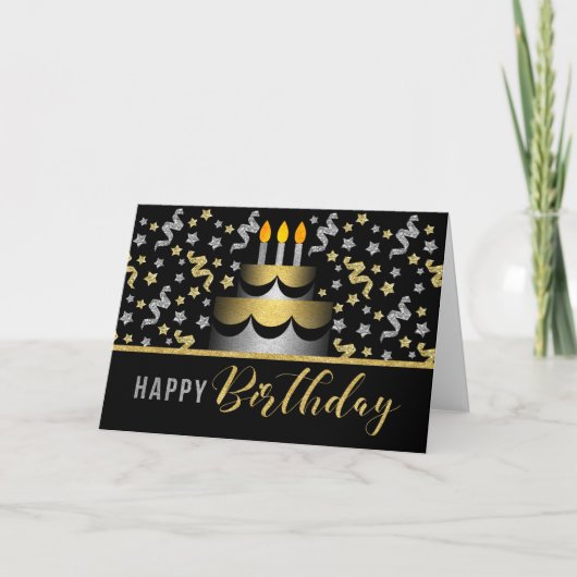 Carte Gold and Silver Faux Glitter on Black with Cake (Devant)