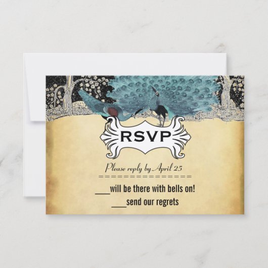 Carte Gold Black Aqua Vintage Peacock Forest (Devant)