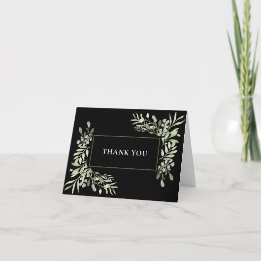 Carte Gold Black Greenery Feuille Mariage Merci (Devant)