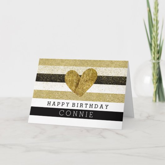 Carte Gold Black Stripes Gold Heart Anniversaire (Devant)