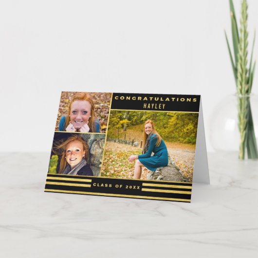 Carte Gold Black Stripes Graduation 3 Photo (Devant)