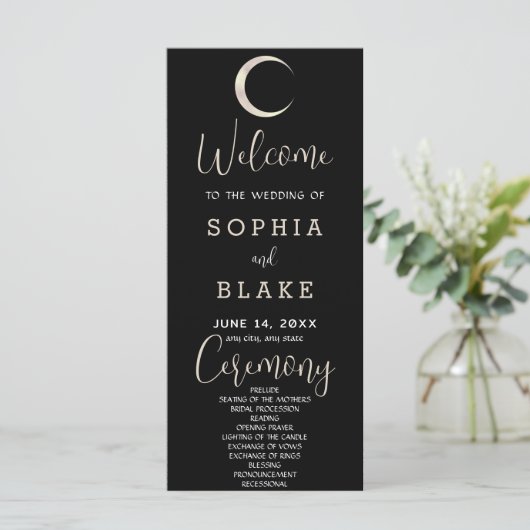 Carte Gold Crescent Moon Celestial Black Wedding Program (Debout devant)