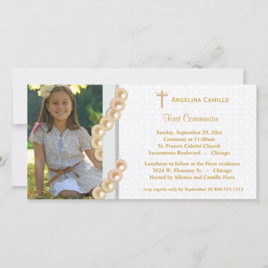 Carte Gold Damask Pearls First Communion Photo Invitatio (Devant)