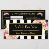 Carte Gold Floral Black White Stripes Certificat cadeau (Devant / Derrière)