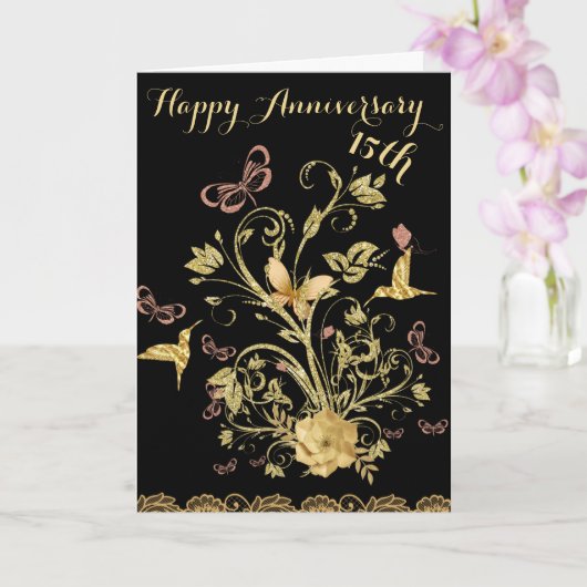 Carte Gold Flower 15e heureux Mariage Anniversaire Coupl (Orchidée)