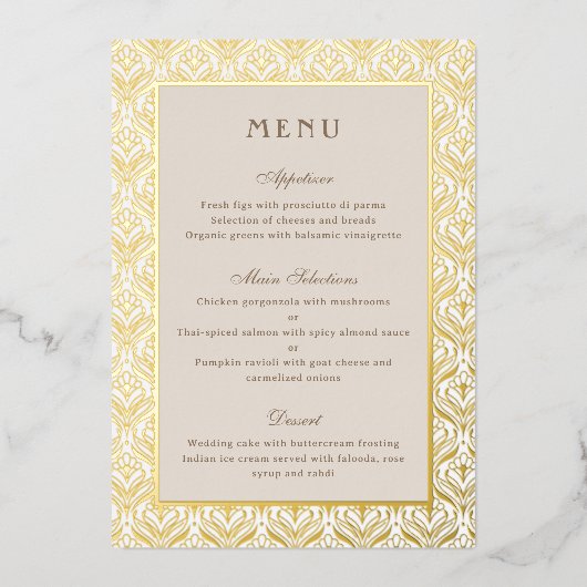 Carte Gold Foil Art Déco Mariage Réception Menu (Recto)