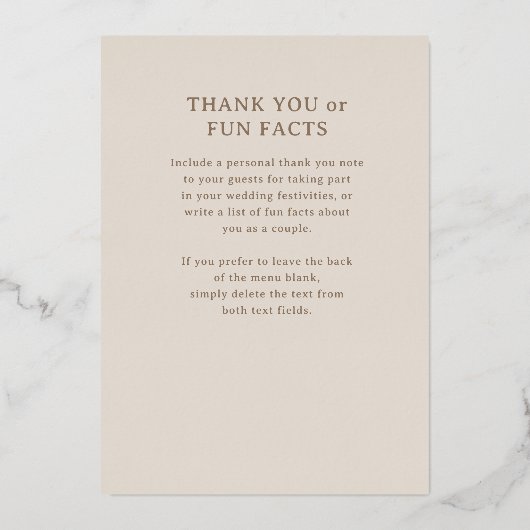 Carte Gold Foil Art Déco Mariage Réception Menu (Verso)