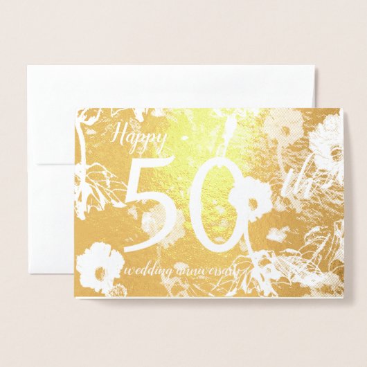 Carte Gold Foil Floral 50e anniversaire Mariage (Devant avec enveloppe)