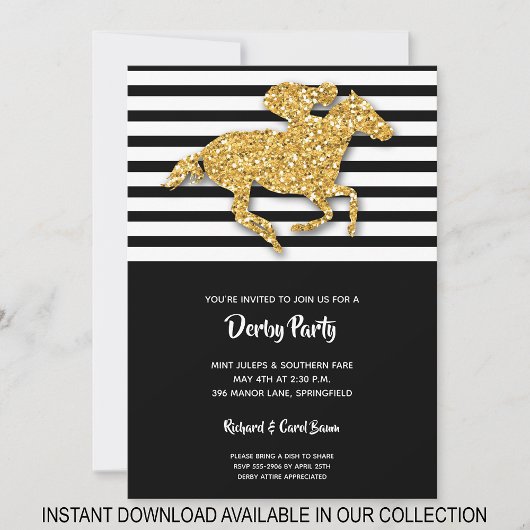Carte Gold Glitter Horse & Stripes Derby Invite
