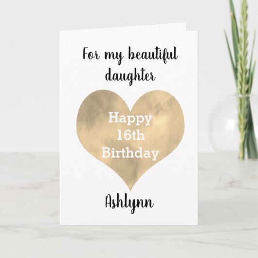 Carte Gold Heart Happy 16e anniversaire fille (Devant)