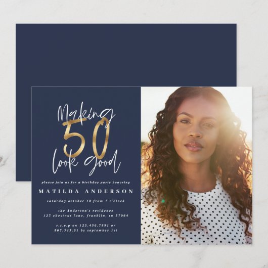 Carte Gold marine bleu 50 look bon photo anniversaire (Devant / Derrière)