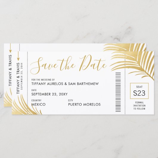 Carte Gold Palm Tree Boarding Pass Plage Enregistrer la (Devant / Derrière)