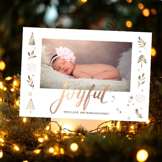 Carte Gold Pine Tree Stars Joyful Baby Photo
