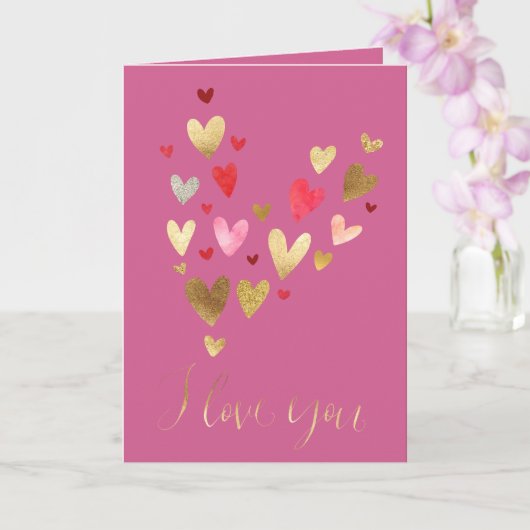 Carte Gold Pink Je t'aime Coeurs (Orchidée)