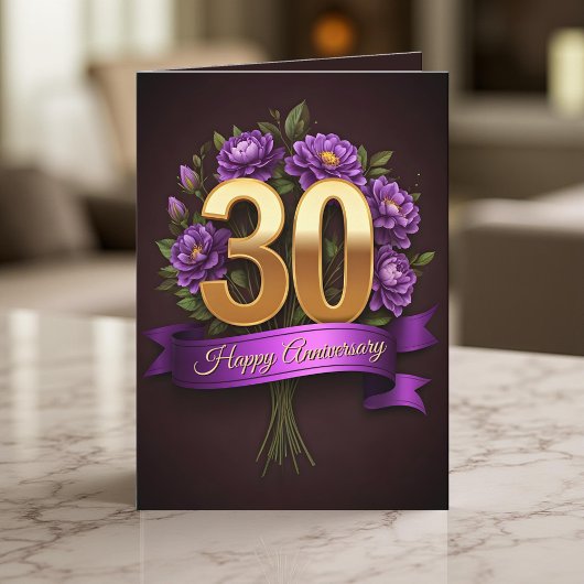 Carte Gold Purple Floral 30e anniversaire Mariage