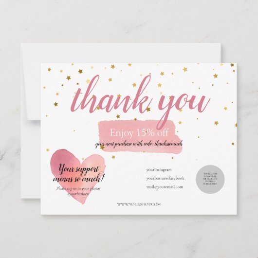 Carte Gold Stars Aquarelle rose Merci Remise (Devant)
