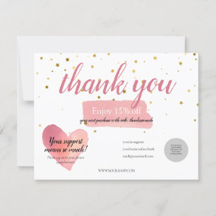 Carte Gold Stars Aquarelle rose Merci Remise