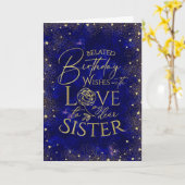 Carte Gold Text Night Sky Belated Birthday Sister (Fleur jaune)