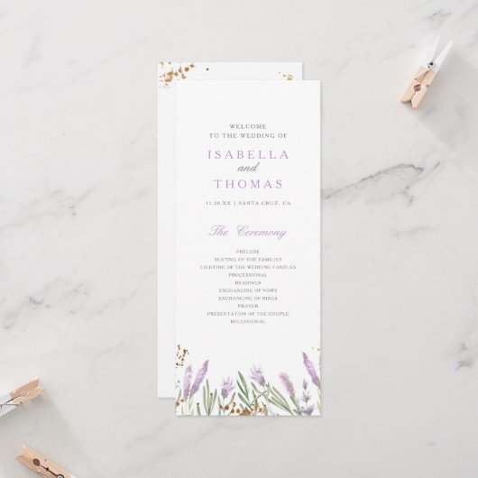 Carte Gold & Watercolor Lavender Floral Wedding Program (Devant/Arrière en situation)