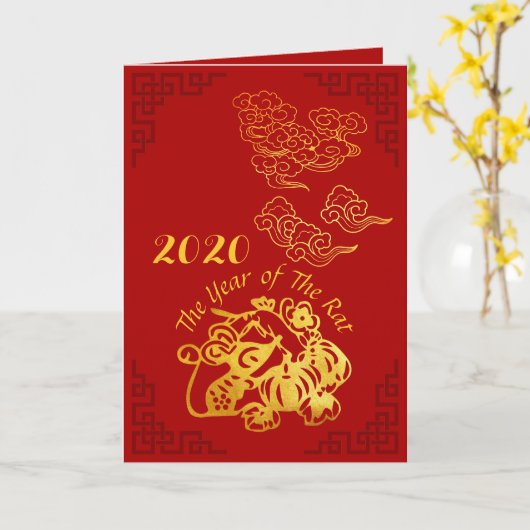 Carte Golden Chinese Paper-cut Rat Année 2020 GC (Fleur jaune)