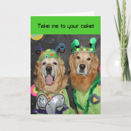 Carte Golden Retriever Aliens Anniversaire (Devant)