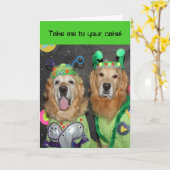 Carte Golden Retriever Aliens Anniversaire (Fleur jaune)