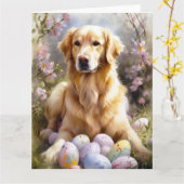 Carte Golden Retriever avec oeufs de Pâques (Fleur jaune)