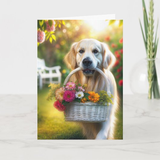 Carte Golden Retriever avec panier à fleurs d'anniversai (Devant)