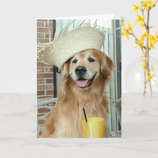 Carte Golden Retriever Chien en paille Casquette heureux (Fleur jaune)