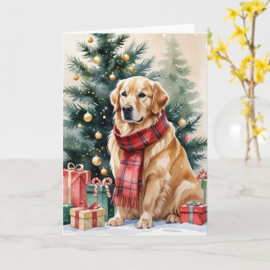 Carte Golden Retriever Chien Noël Salutation (Fleur jaune)