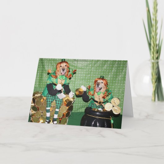 Carte Golden retriever comptant le pot d'or (Devant)