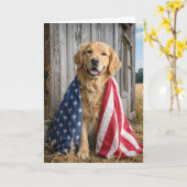 Carte Golden Retriever d'anniversaire avec drapeau améri (Fleur jaune)