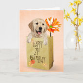 Carte Golden Retriever dans le 21e sac d'anniversaire (Fleur jaune)
