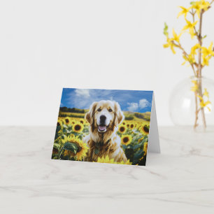Carte Golden Retriever dans un champ de tournesol