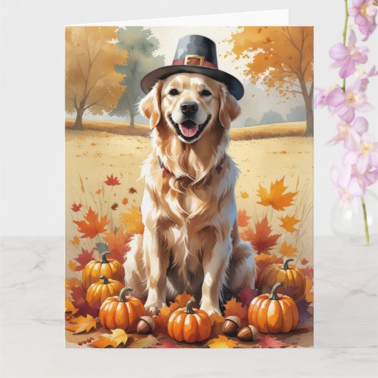 Carte Golden Retriever En Automne Quitte L'Art Thanksgiv (Orchidée)