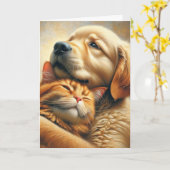 Carte Golden Retriever Et Ginger Cat Anniversaire (Fleur jaune)