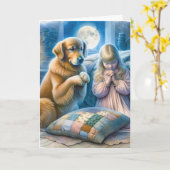 Carte Golden Retriever et petite fille prier (Fleur jaune)